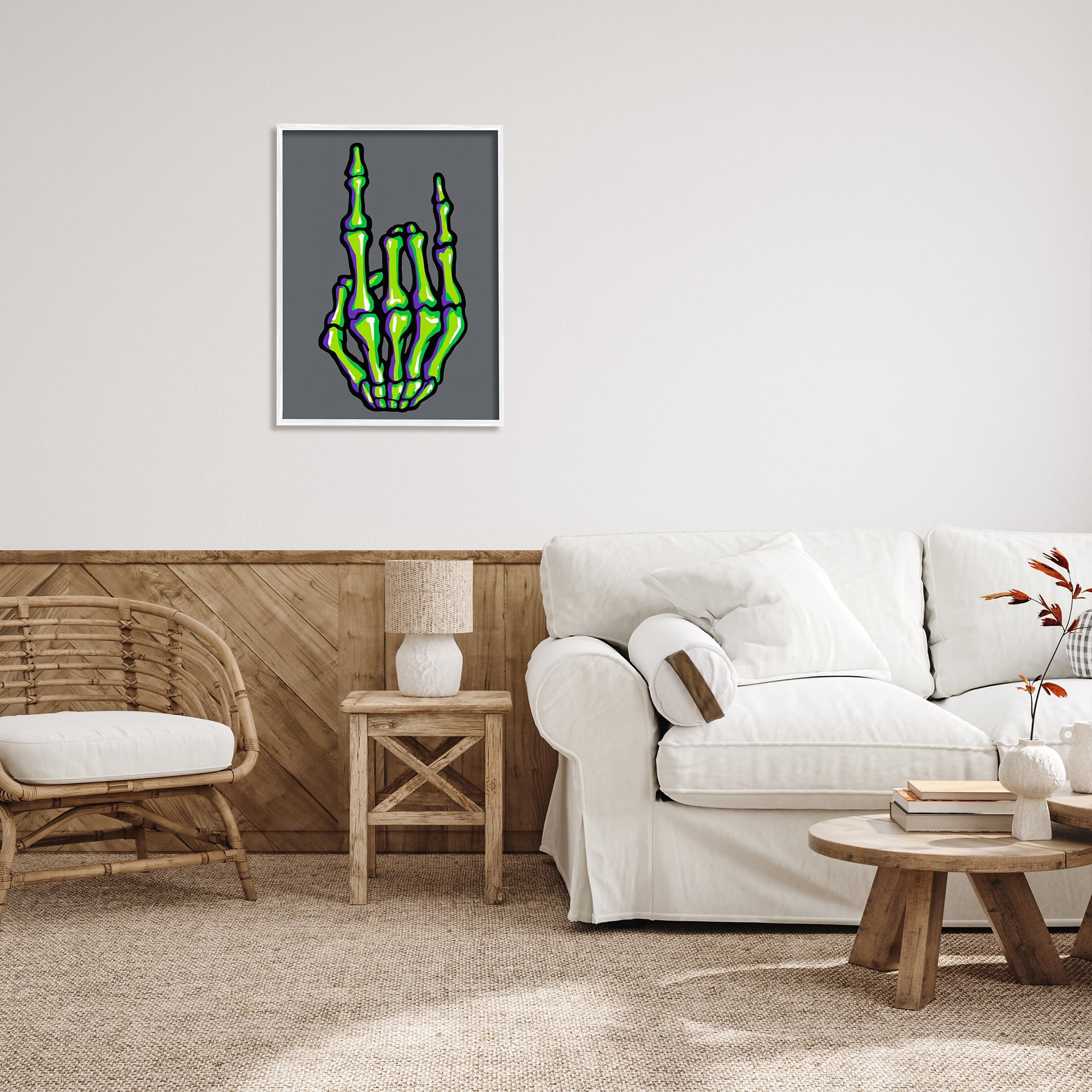 Stupell Industries Rock On Skeleton Hand Holiday Painting White Framed Art Print Wall Art, 24 x 30