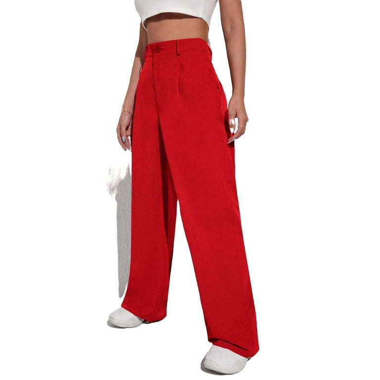 Women's Pants Solid High Waist Wide Leg Pants Red S 