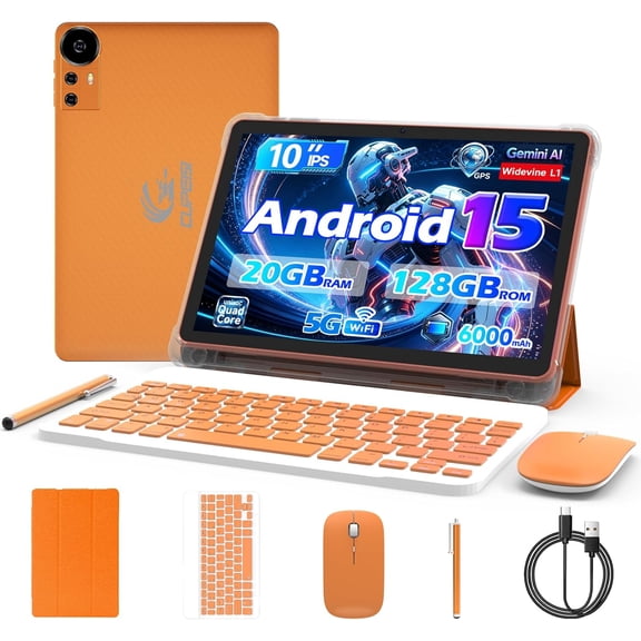 Android 15 Tablet 10 Inch, 20GB RAM+128GB ROM/2TB Expandable, 2.0GHz Quad-core Processor, 1280*800 HD Screen, 5G WiFi6 BT5.0, 2 in 1 Tablets with Keyboard Case Mouse Stylus, Widevine L1 Orange