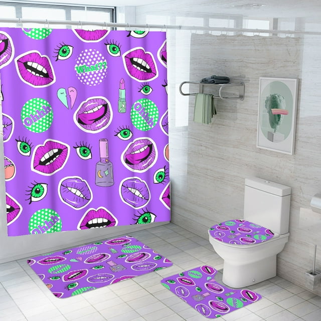Juego de 4 cortinas de ducha impermeables, color morado, estilo pop art, para baño