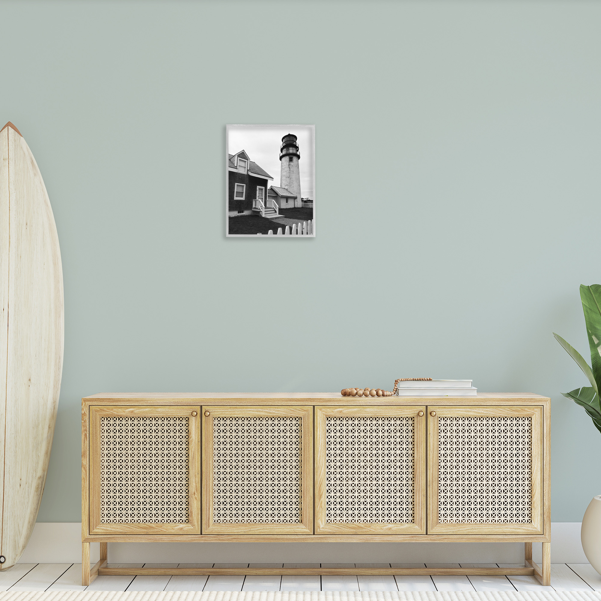 Stupell Industries Coastal Lighthouse with Fence Nature Photography Gray Framed Art Print Wall Art, 16 x 20
