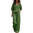 thumbnail image 2 of Cagogo Women Plus Size 2 Piece Set V Neck Short Sleeve Top Wide Leg Pants Casual Summer Boho Vacation Outfits Loose Matching Lounge Sets Tracksuits Travel Cruise Clothes, Green 2XL, 2 of 7