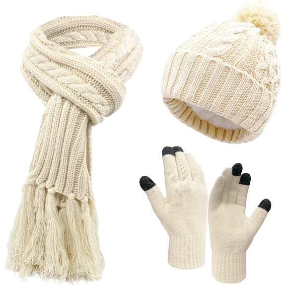 Derest Winter Hat Scarfs & Gloves Set for Women Warm Knit Beanie Hat Long Neck Scarves Touchscreen Gloves Cold Weather Gear