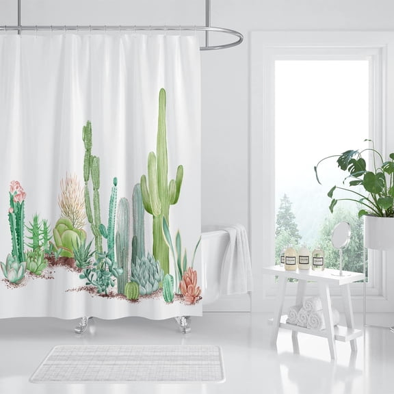 Cactus Shower Curtain, Succulent Shower Curtain Set, Tropical Watercolor Plant Shower Curtains for Bathroom, Waterproof Fabric with 12 Hooks, 72 x 72 Inches