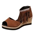 thumbnail image 4 of Rokment Women's Bling Rhinestones Fringe Platform Wedge Sandals Boho Beach Summer Fall Suede Peep Toe Espadrilles Chunky High Heels Dress Shoes Brown Size 8, 4 of 5