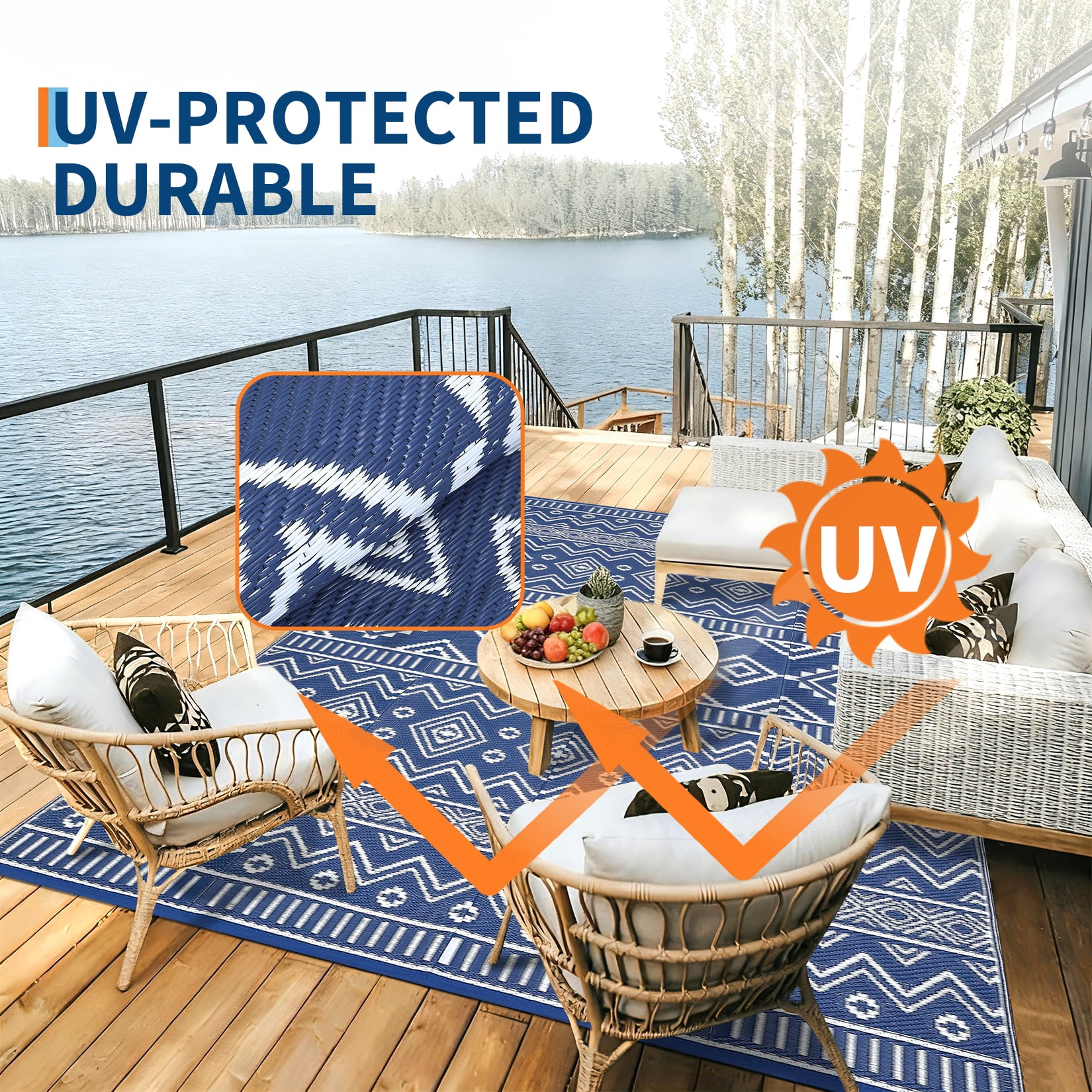 HIWEAVER 8' x 10' Navy/White Outdoor Rug PP Plastic Straw Woven Waterproof Patio Rug with Border Portable Outside Carpet for Balcony Deck Picnic Garden Decor