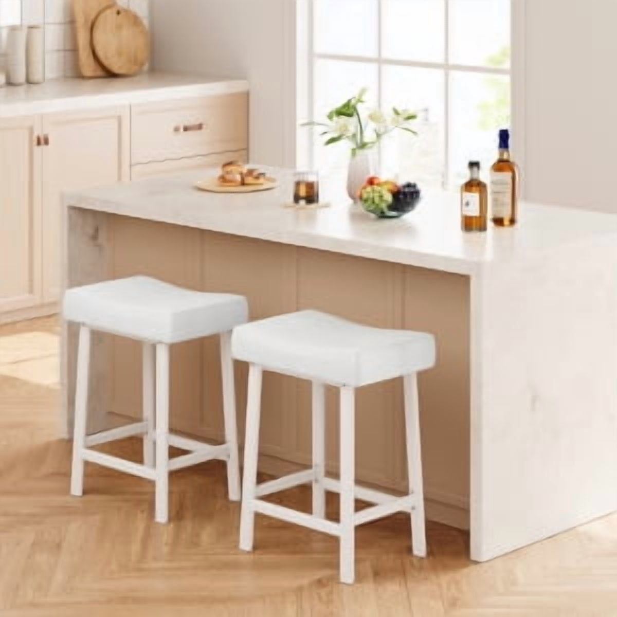 Acekid Bar Stool Set of 4&nbsp;– 24 Inch Counter Height, Upholstered Padded Seat with Curved Surface, Ergonomic Saddle Design for Kitchen/Home, White + White Cushion