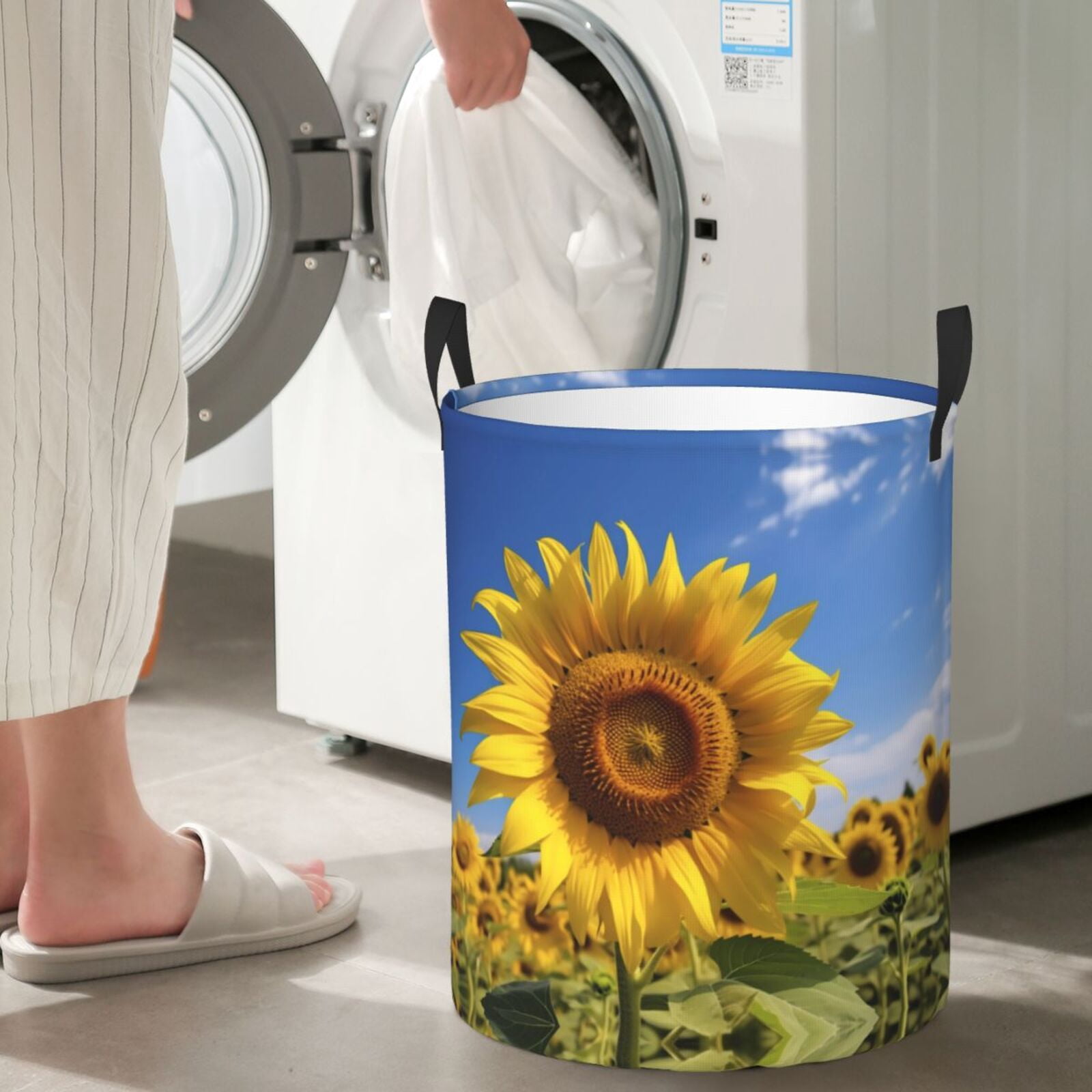 Large Laundry Basket with Handles - Sky Golden Sunflower Field A Kids Baby Dirty Clothes Laundry Hamper for Bedroom Aesthetic