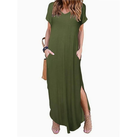 Women's Dresses V Neck Casual Short Sleeve Loose Pocket Slits Long Dress