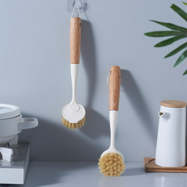 2 Pack Kitchen Dish Brush Bamboo Handle Dish Scrubber Built-in