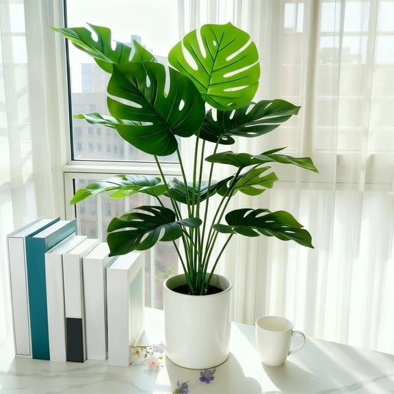LWVITH Realistic Monstera Plant 24 Inch Faux Tree with Natural Looking Hole Leaves Ready to Display Home Decor Accent Plant No Pot Needed for Instant Greenery, Without Pot