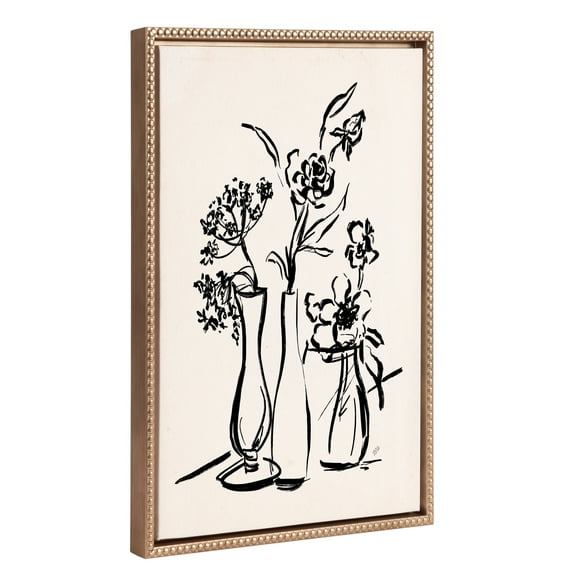 Kate and Laurel Sylvie Beaded LV Freshly Picked Floral 5 Vintage Framed Canvas Wall Art by Valerie McKeehan of Lily and Val, 18x24 Gold, Black Floral Sketch Art for Wall