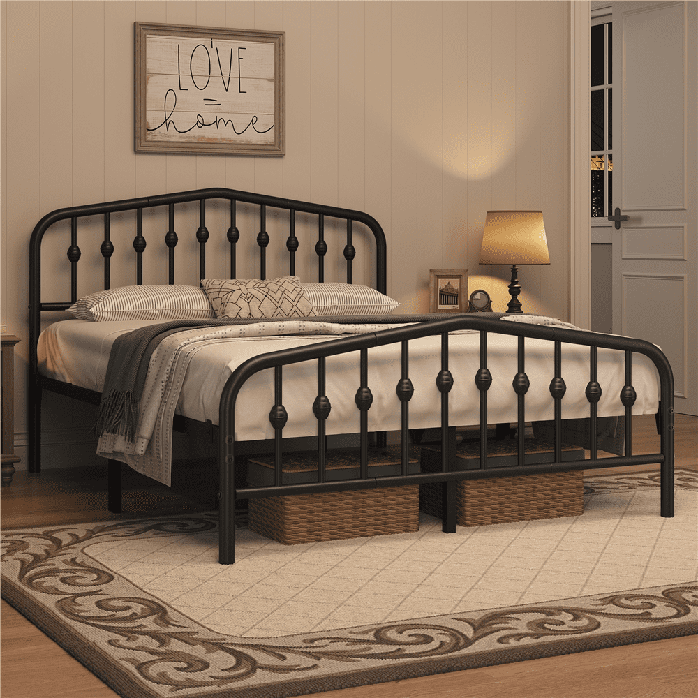 Renwick Modern Metal Platform Bed with Arched Headboard and Footboard, Adult,Queen, Black