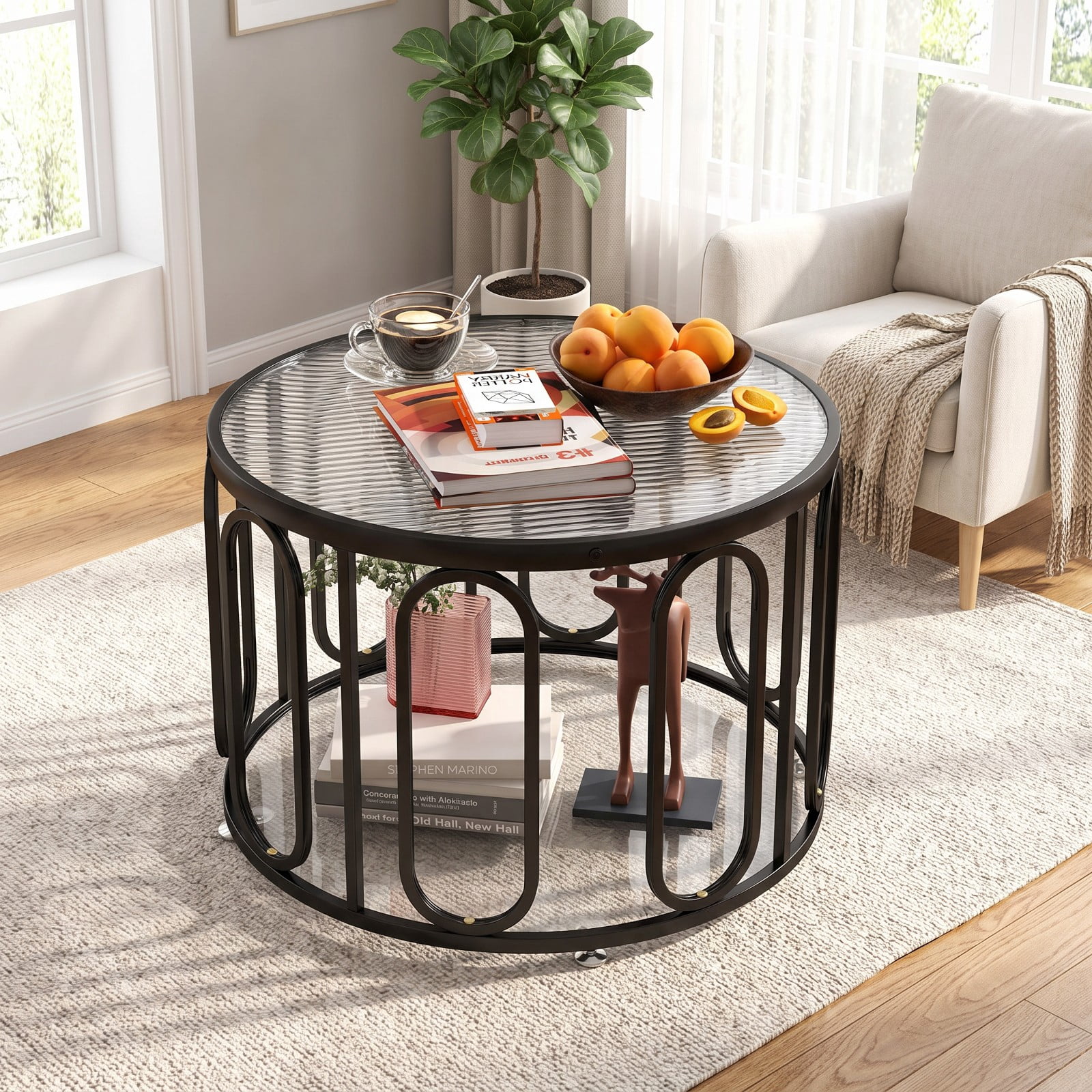 Furnibear 24 Inch Round Coffee Table with Reeded Tempered Glass Top and Oval Swivel Brackets a Modern Small Living Room Glass Center Table, Black