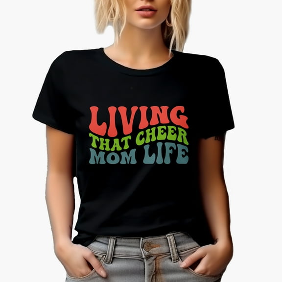Living That Cheer Mom Life, Mother of a Cheerleader Quote, Groovy Retro Wavy Text Merch Gift, Black T-Shirt, Small