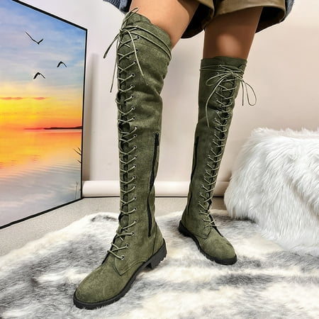 

Women‘s Over The Knee Boots Solid Color Lace Up & Side Zipper Shoes Round Toe Chunky Low Heel Shoes