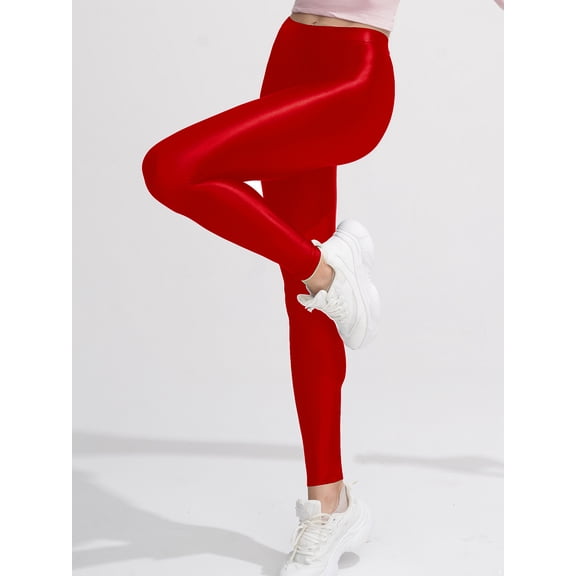 JanJean Shiny Leggings for Women High Waist Tights Yoga Pants Stretch Skinny Spandex Leggings Burgundy L