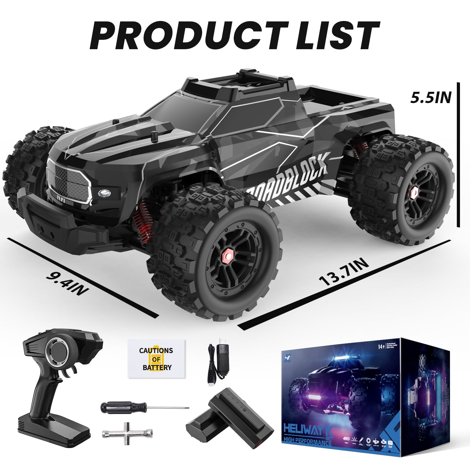 JoyStone 1:14 Fast RC Cars, Max 35+ mph Off-Road Hobby RC Trucks for Kids Adults, High-Speed Remote Control Car with Lights & Two 2S Lipo Batteries, Black