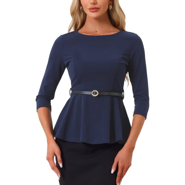 INSPIRAR CHIC Blusas Peplum para Mujeres de Manga 3/4 con Cinturón Elegante para Trabajo XS Azul Oscuro