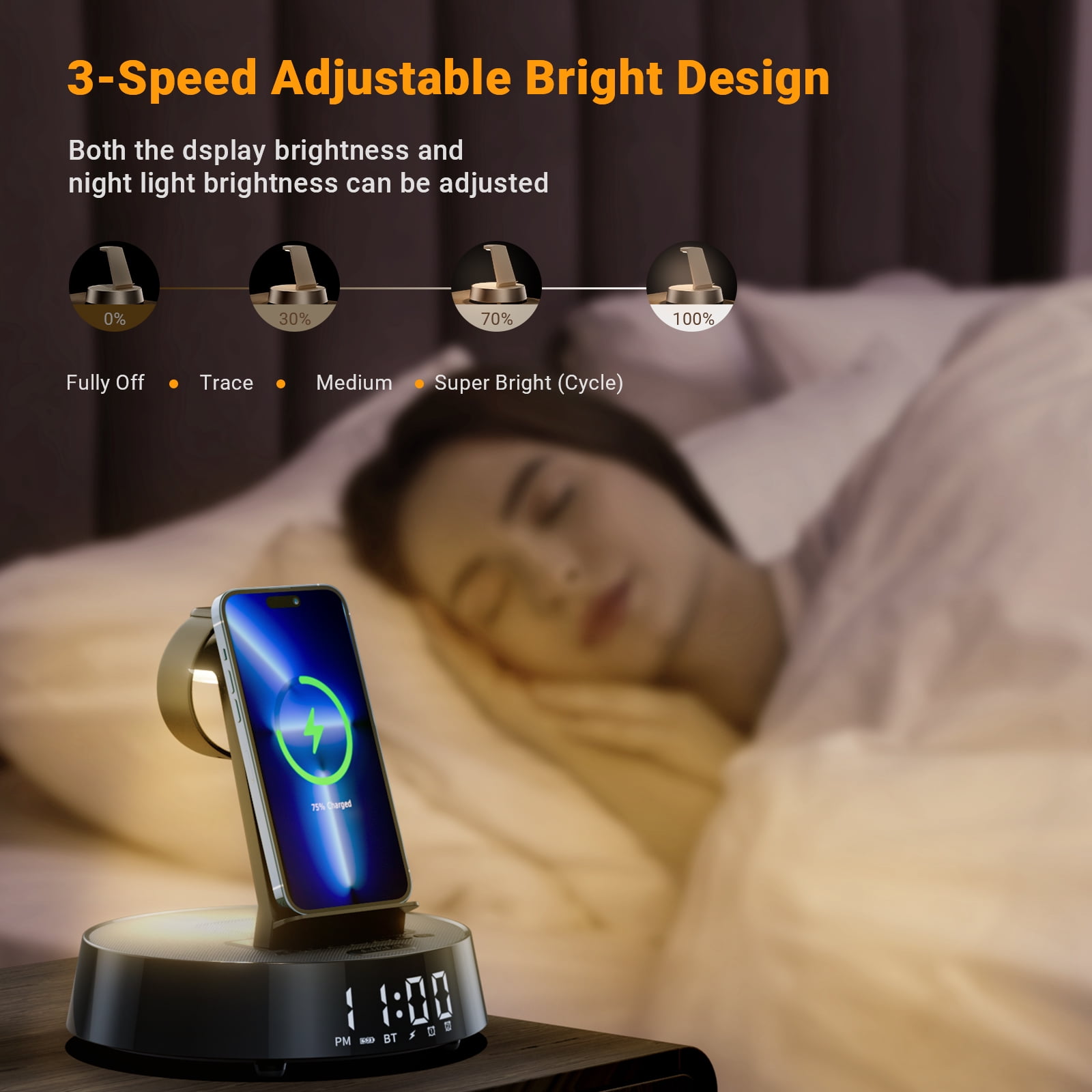 7-in-1 Wireless Charging Station For iPhone, Apple Watch, AirPods & Bluetooth Speaker Alarm Clock Dimmable Night Light Black