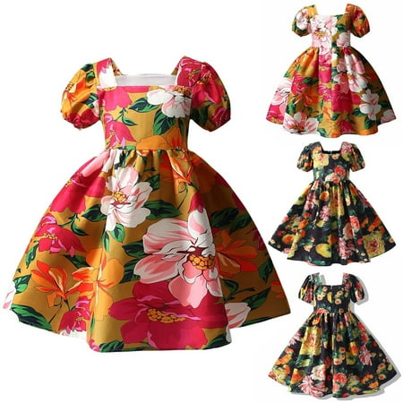 

Elainilye Fashion Toddler Baby Girls Floral Dress Short Sleeve Summer Dress Graphic Print Formal Dresses for Party Sizes 1-6Y Yellow