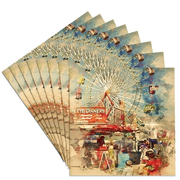 3drose, County Fair Day Midway Rides Food Booth Watercolor Style Picture, Set of 8 Ceramic Tile Coasters
