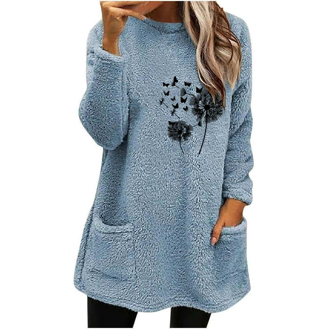 Bowake Fleece Tops For Women Winter Warm Fuzzy Sweater Womens Long Sleeve Round Neck Pullover Sweatshirt