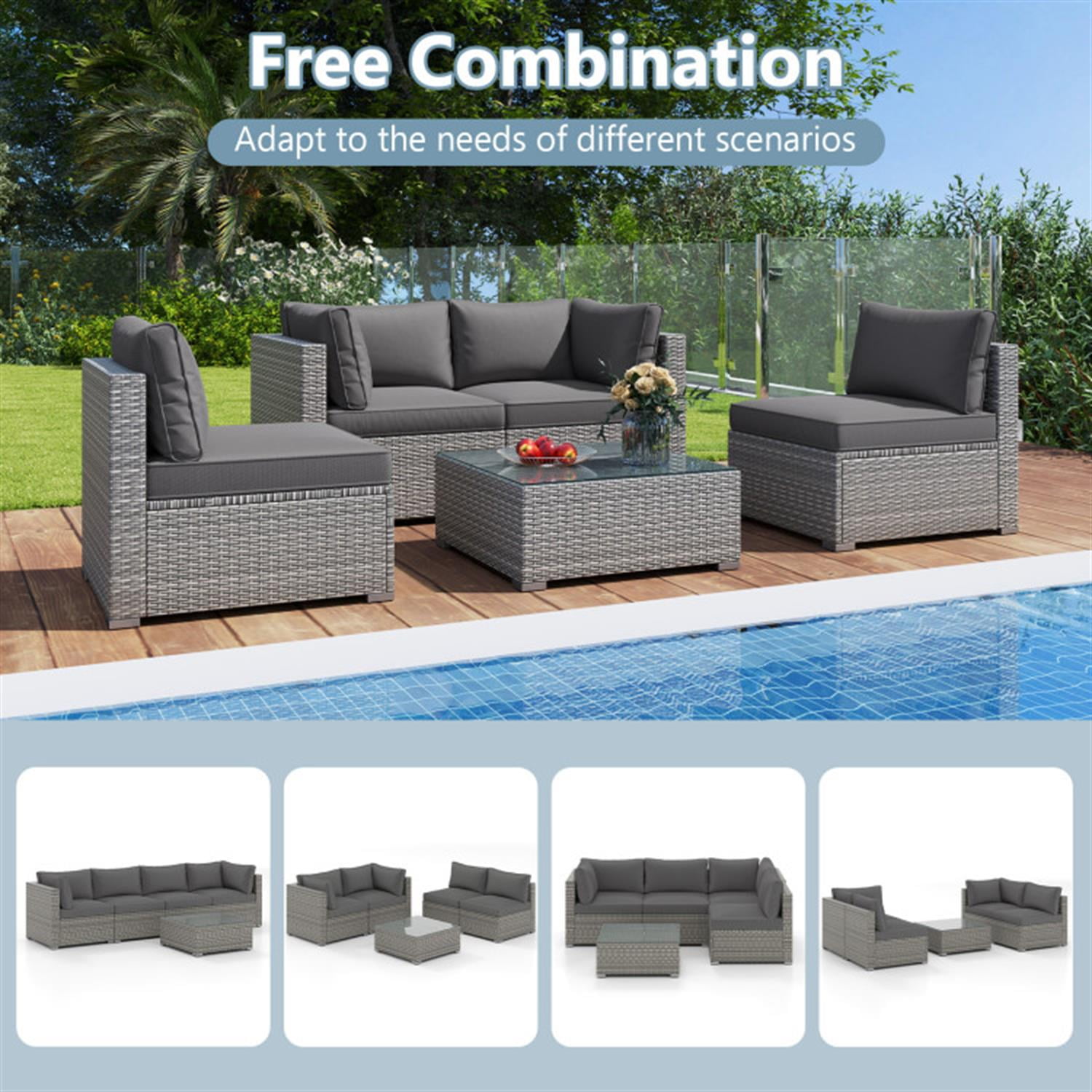 Demi Bonn 5-Piece Outdoor Patio Furniture Sets Sectional Sofa Couch and Glass Coffee Table with Cushions for Yard, Pool or Backyard, Gray