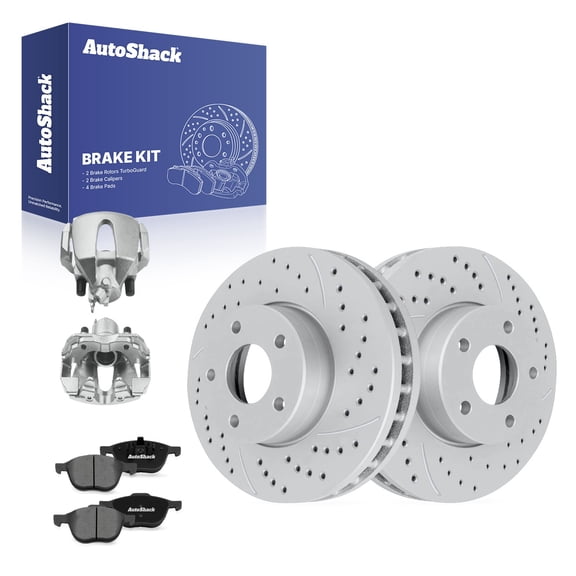 AutoShack Front Vented Drilled & Slotted Coated Brake Rotors Silver Matte Finish   Premium Ceramic Pads   Calipers 8-PC Brake Kit Replacement for 2012-2018 Ford Focus TurboGuard 10.94" (278 mm)