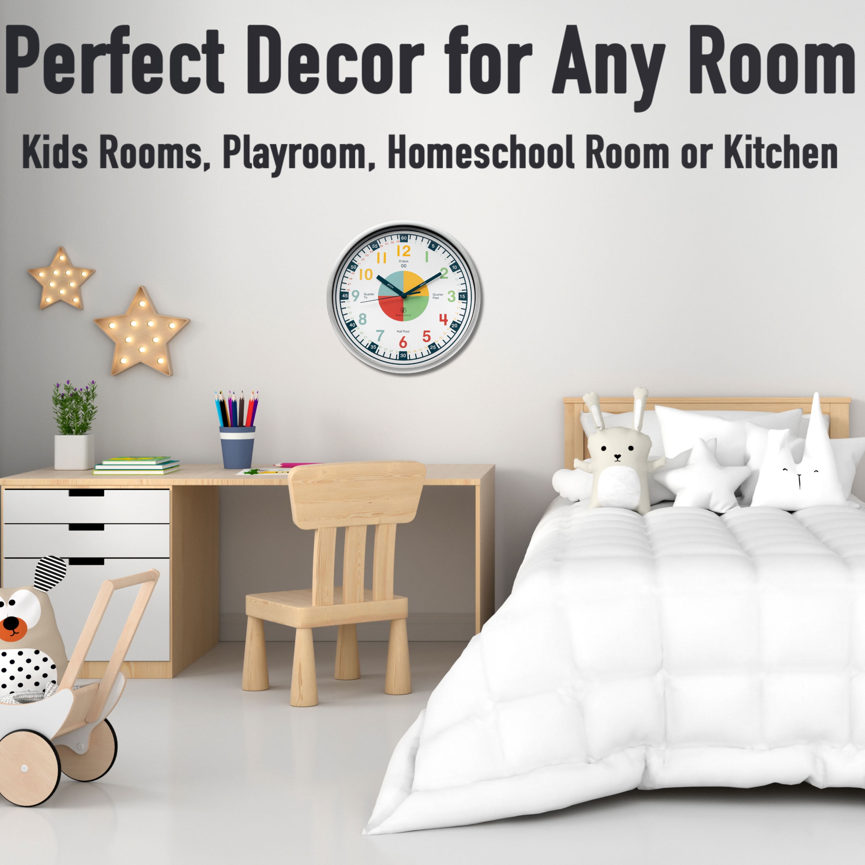Owlconic® Kids Learning Wall Clock, Silent Analog Teaching Clock, 10 Inch, Multicolor
