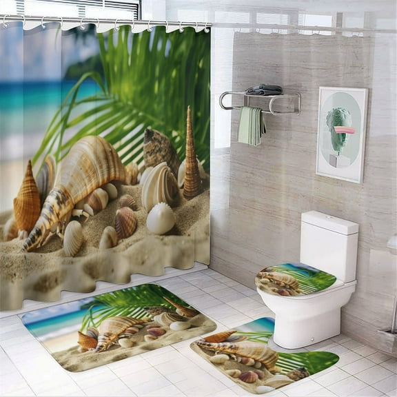 Seashell On The Beach Bathroom Sets with Shower Curtain And Rugs, Incl with 12 Hooks，Toilet Lid Oval Rug
