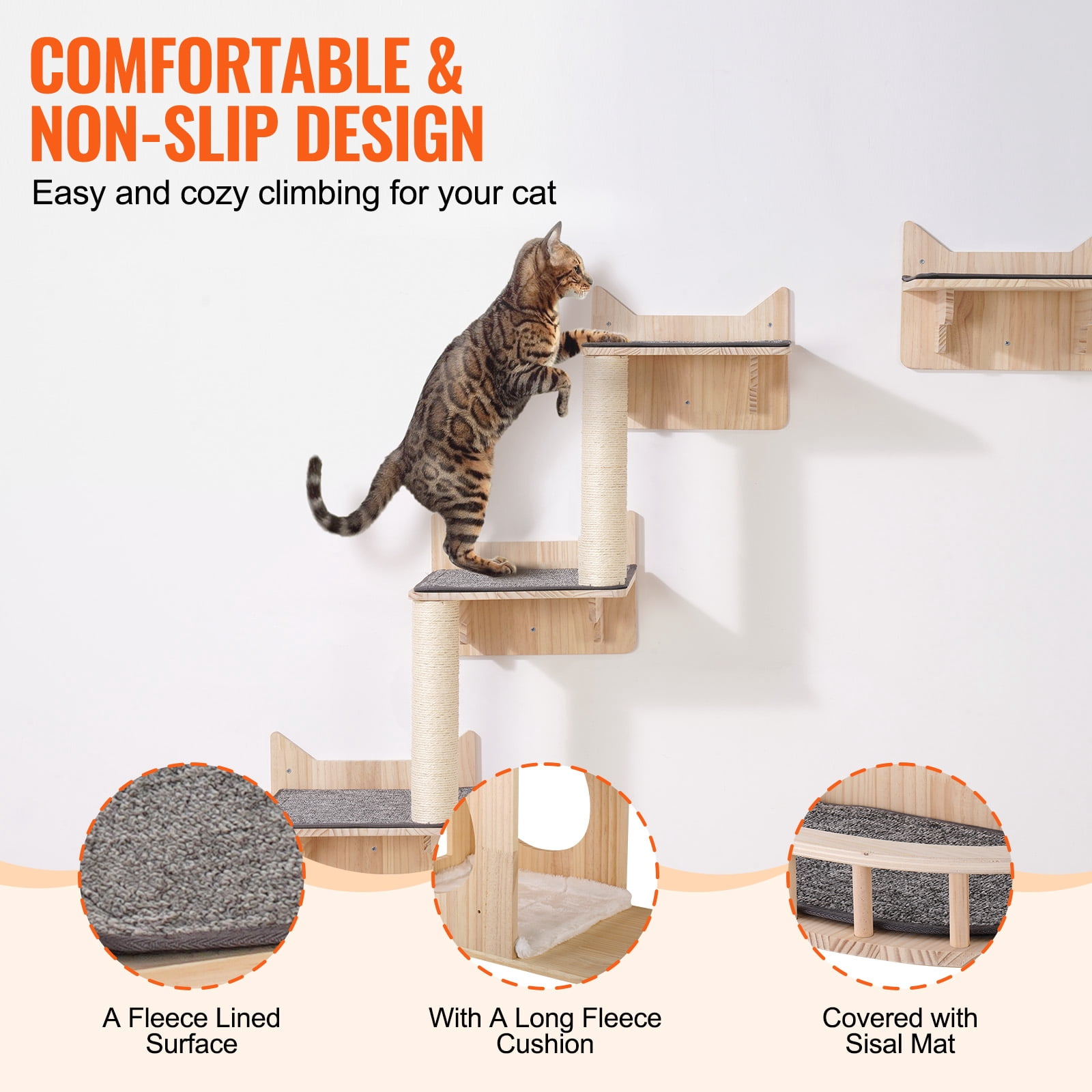 KFFKFF Set of 5 Cat Wall Mounts, Wall-Attached Cat Perches Up to 40 Lbs, Cat Wall Shelves for Resting, Engaging, Ascending
