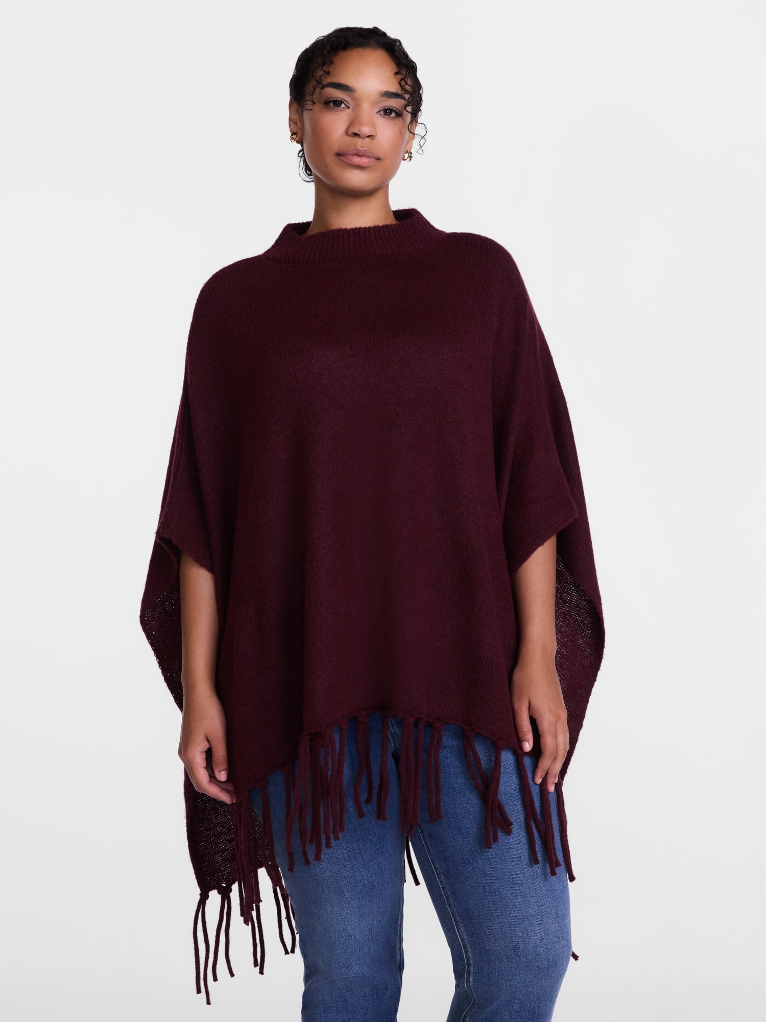 Scenario Women's Mock Neck Fringe Poncho, Sizes S-XL