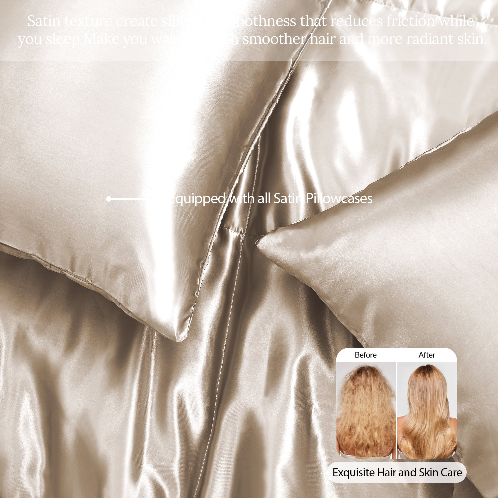 Whale Flotilla 3-Piece Reversible Silky Satin Queen Size Comforter Bedding Set, Lightweight Luxury Comforters with 2 Pillowcases All-Season, Champagne