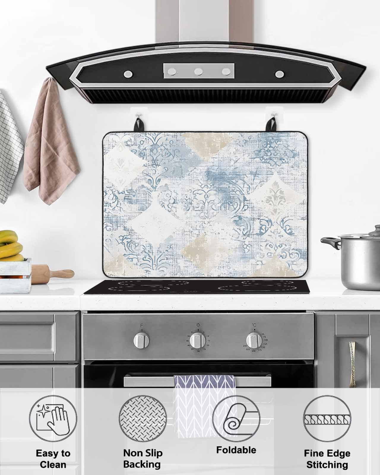 nqOlkjepod Large Induction Cooktop Protector Mat 24"x21", Blue Beige Floral Stove Top Covers for Electric Stove, Vintage Smear Abstract Art Decorative Stove Burner Cover Mats, Glass Top Stove Cover