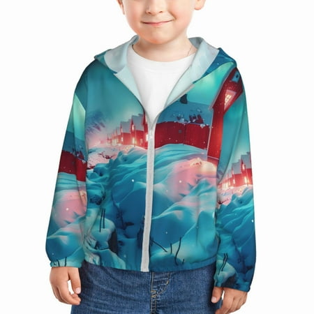 

Lukts Aurora Borealis Village Print Children s Long-Sleeved Sun Protection Clothing Hooded Sweatshirts for Boys and Girls Outdoor Sports-18 Months