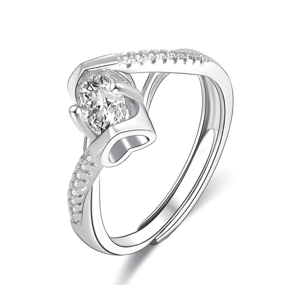 Adjustable Diamond Style Ring for Women, Open Band White Gold Tone, Sparkling CZ Stone Fashion Ring