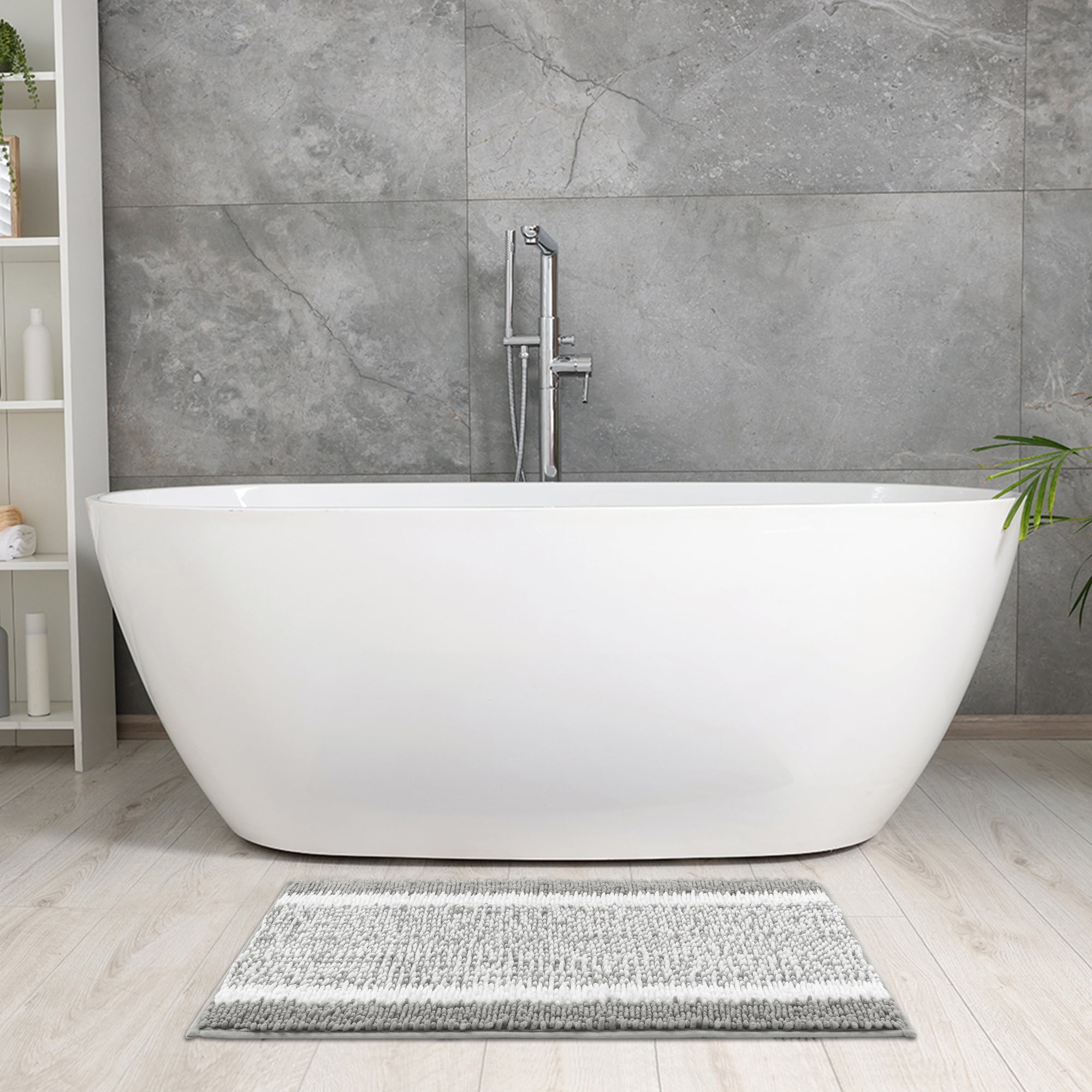 Unique Bargains Chenille Striped Bathroom Rug Mat Non-Slip Soft Plush Shaggy Bath Carpet Grey 16" x 24"