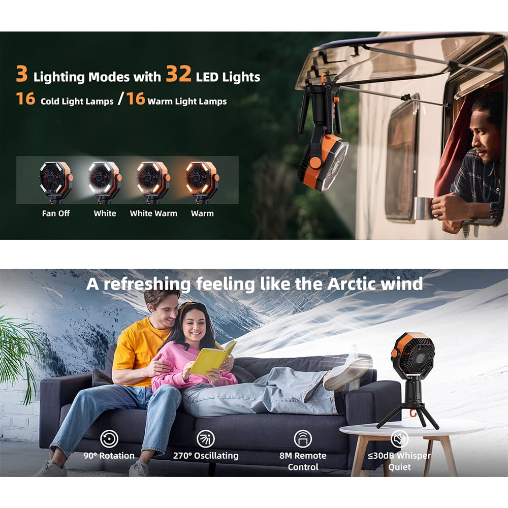 Table Fans Tripod, 20000mAh Rechargeable Battery Operated Portable Tent Fan with LED Lantern, Remote Control, Hook, 270° Pivot, Stepless Speed-Ideal for Camping, Picnic, Barbecue, Jobsite