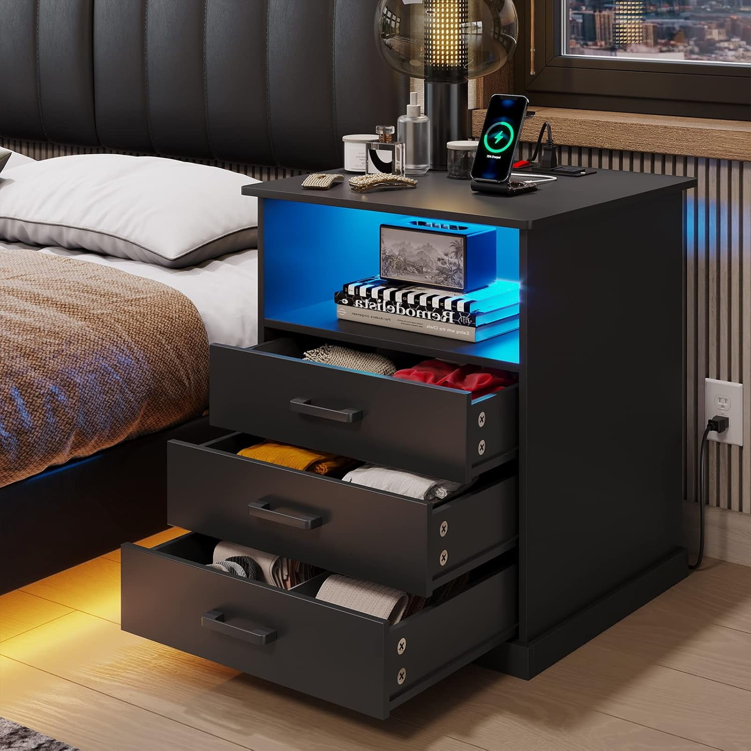 Black Nightstand Bedside Table with 3 Drawers & LED Lights & Charging Station, Modern End Side Table for Bedroom