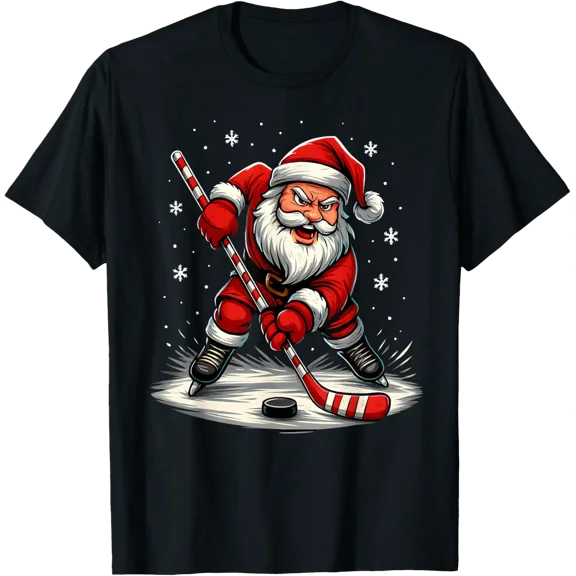 Santa Playing Ice Hockey Sports Men Women Boy T-Shirt All Size S-5Xl