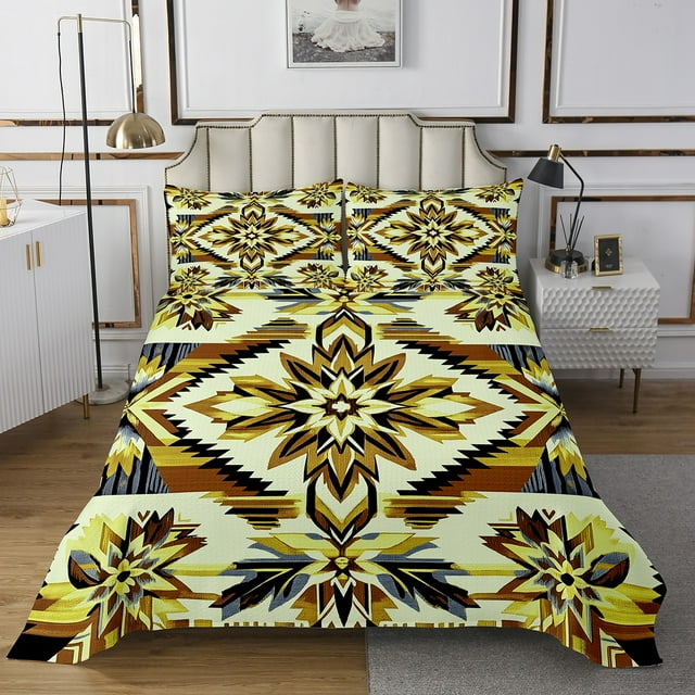Yellow Southwestern Bedspread Set Twin Size,Aztec Quilt Set,Country Bohemian Style Bedspread Sets Western Coverlet Set