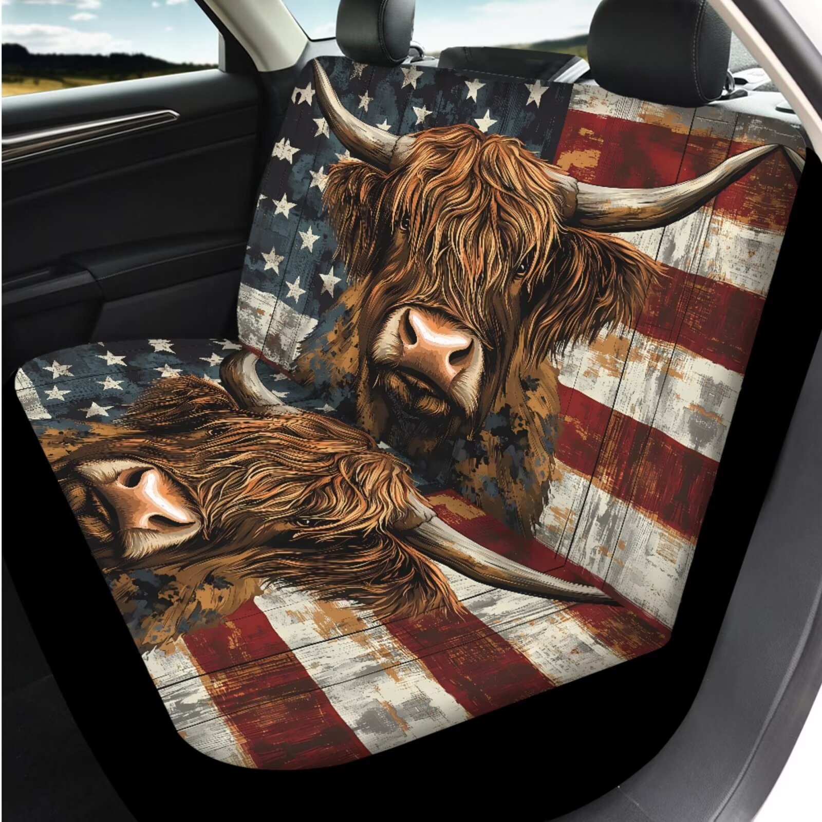 Uorisanigo Highland Cow 14 Pcs Car Seat Covers Sets with Cars Headrest Cover and Steering Wheel Cover Seat Belt Pads Car Water Cup Coaster Keychain Decorative Personalized Fit Cars SUVs