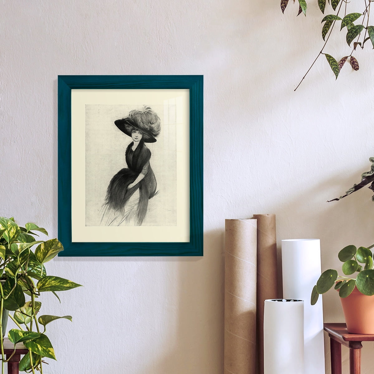 Feather Hat II -Framed Print w/glass-Ocean Blue