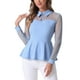 thumbnail image 1 of Blusa de malla transparente para mujer INSPIRE CHIC con cuello de solapa, abertura en forma de llave y peplum con volantes, talla M, azul claro, 1 of 6
