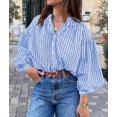 thumbnail image 3 of PRETTYGARDEN Women Fall Plaid Long Puff Sleeve Shirts V Neck Casual Blouses Gingham Button Down Oversized, Pleated Drop Shoulder Cotton Tops, Dressy Casual, Work Vacation Travel, Fall Outfits Trendy, 3 of 8