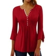 thumbnail image 3 of Womens Pleated Tunic Blouse V Neck 3/4 Sleeve Flowy Flare Fit Dressy Casual Button Down Top, 3 of 6