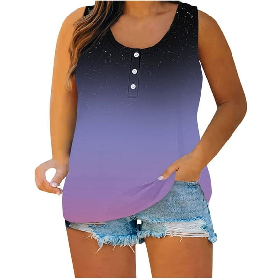 Kovlvoll Plus Size Tank Tops Button Crew Neck Sleeveless Shirts Summer Color Block Oversized Casual Loose Tanks