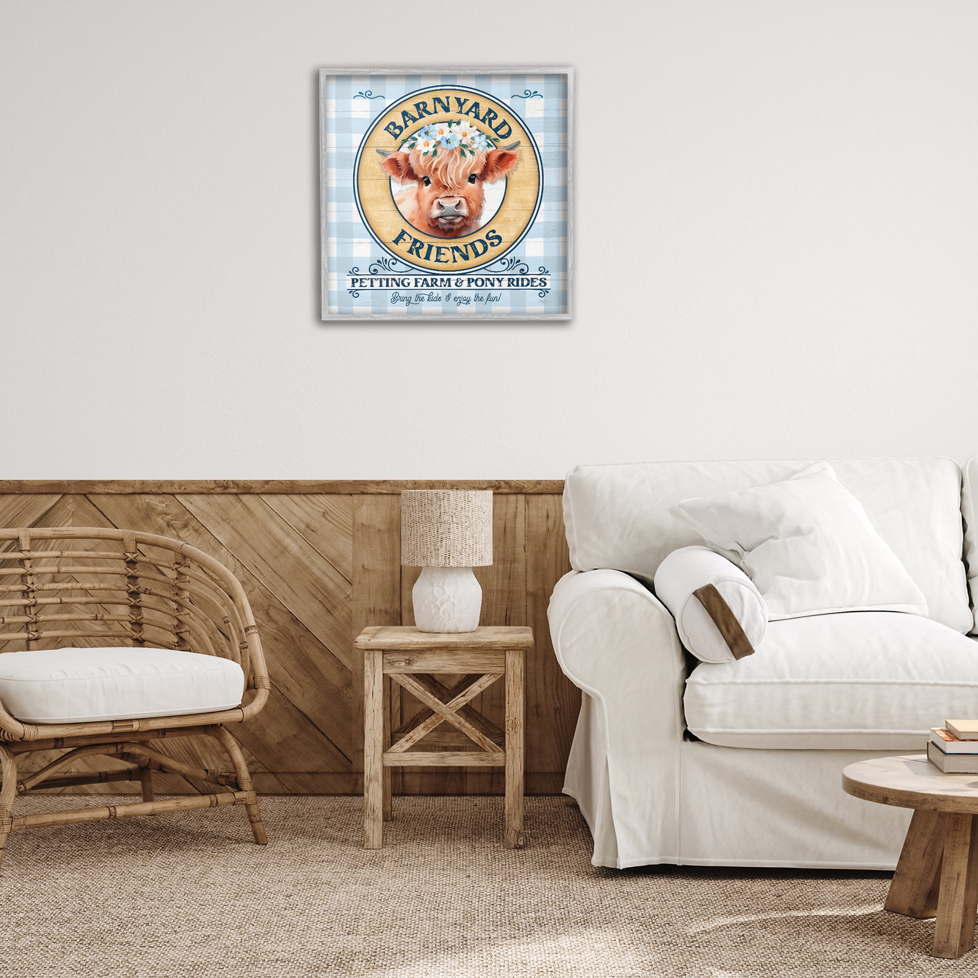 Stupell Industries Barnyard Friends Plaid Animals & Insects Painting Gray Framed Art Print Wall Art, 24 x 24