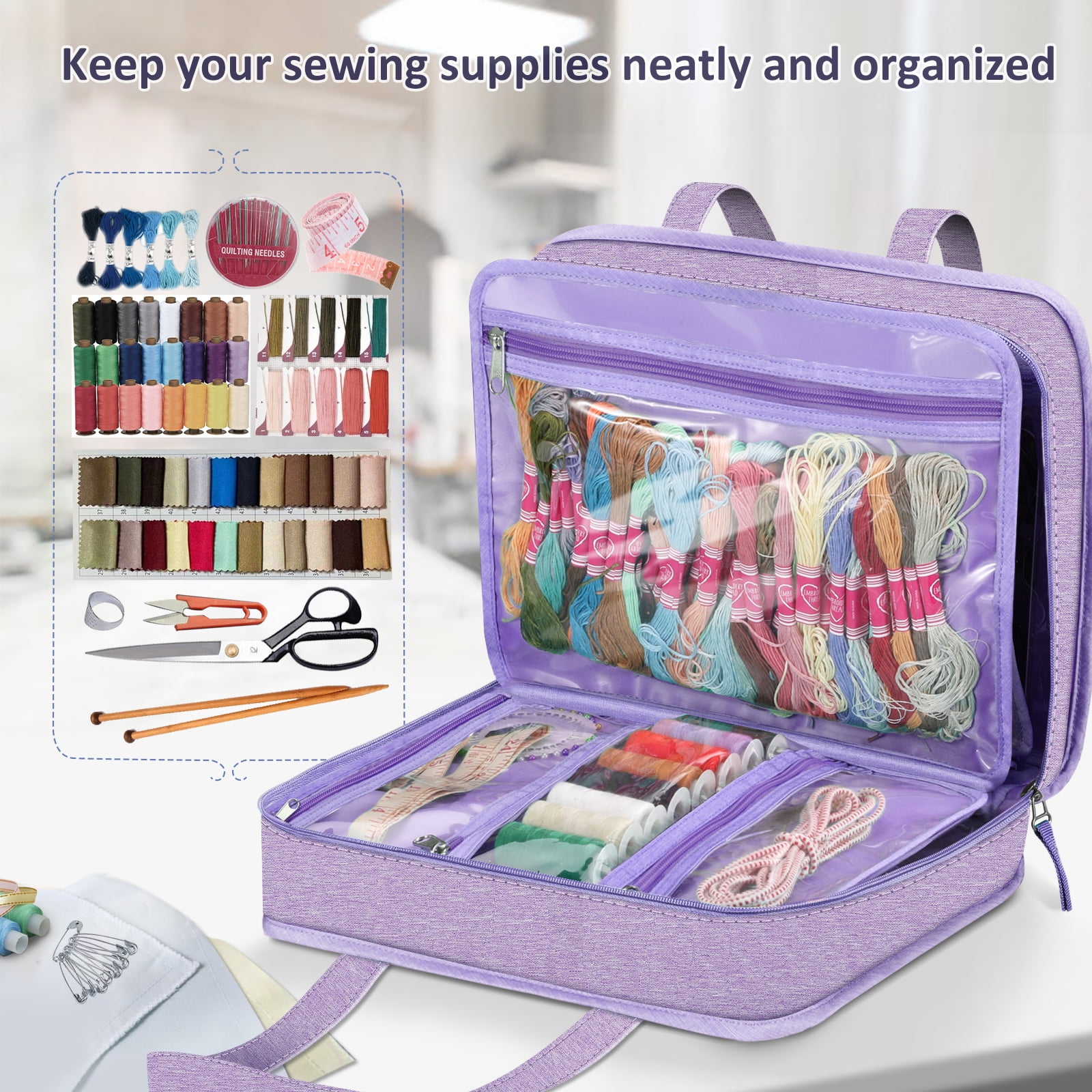 FINPAC Sewing and Craft Supplies Storage Tote, Large Capacity Travel Packing Organizer Bag with Clear Pockets and Handle for Knitting, Crochet, Art, Sewing Accessories, Lavender